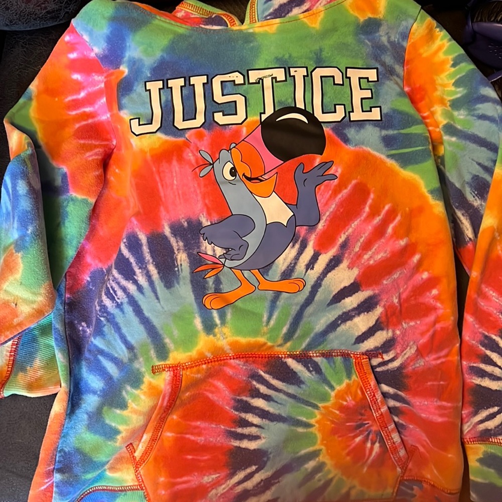 Justice fruit loops tie dye hoodie. Some wear on lettering. in good condition
